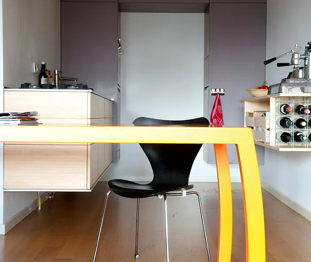 kitchen, rvs, bamboo, grey mdf, wine storage, bended table, smart space use, bended legs