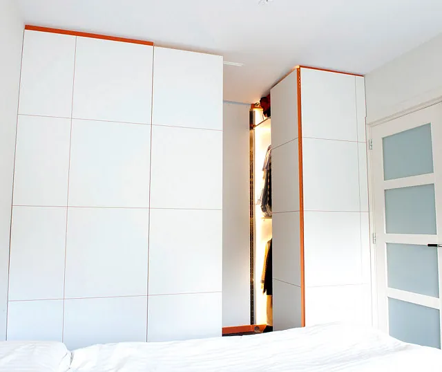 spacedividing closet, orange mdf, white hpl, garments closet, clothes closet, bedroom closet